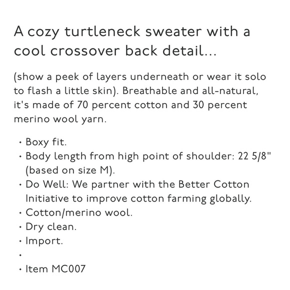 Madewell Eastbrook Turtleneck Cross-Back Sweater in Cotton-Merino Yarn size M - Picture 7 of 7